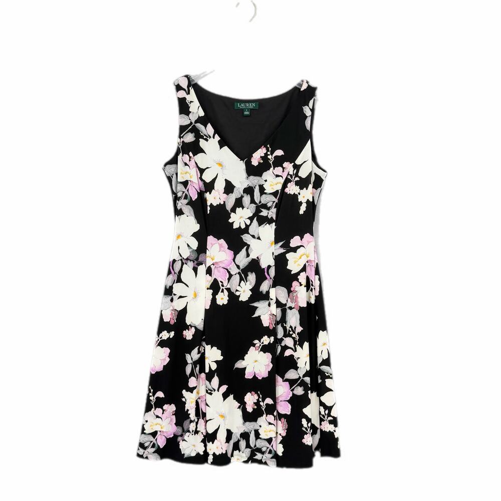 Lauren Ralph Lauren Black Floral Sleeveless Fit & Flare Pleated Jersey Dress - Picture 6 of 9